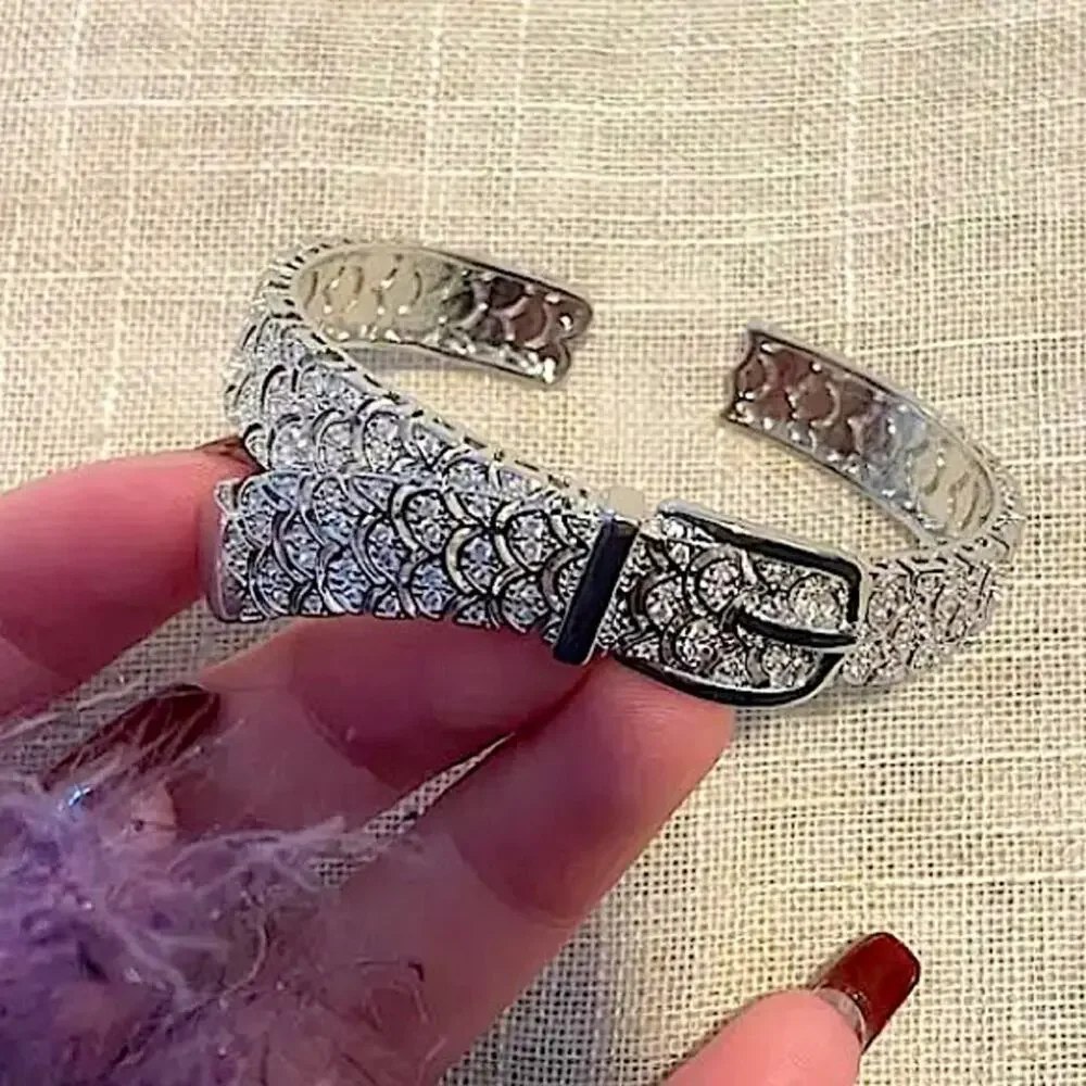 Sterling Silver Buckle Bangle Bracelet, Zircon Cuff Belt Buckle, Minimalist